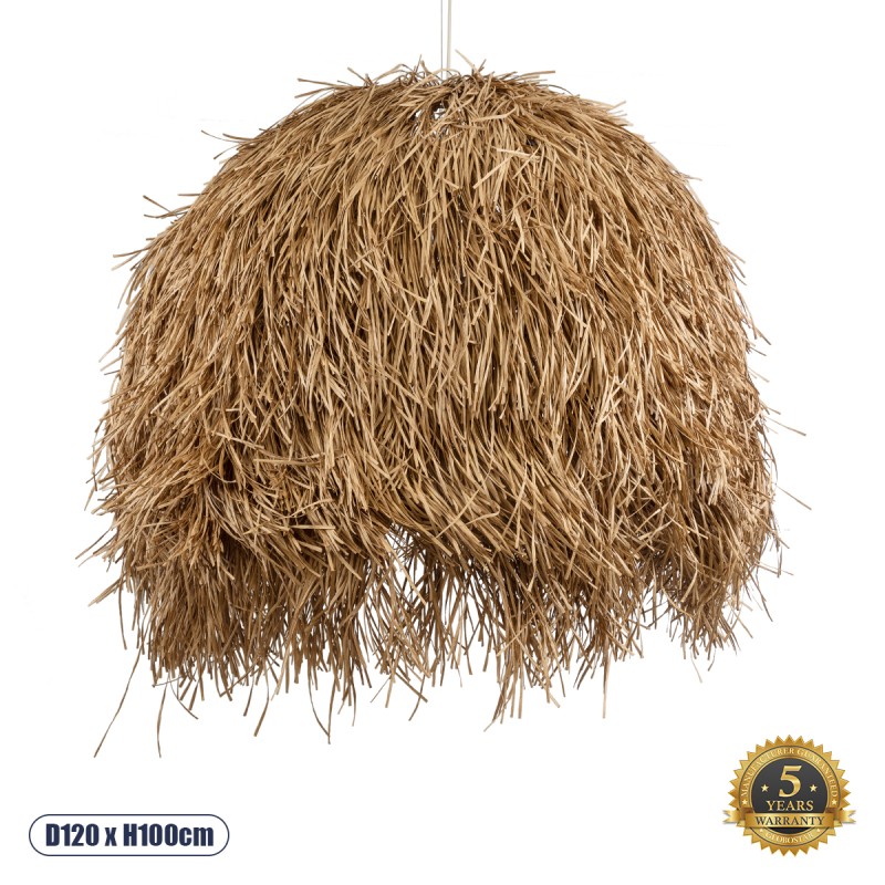 GloboStar® GUADELOUPE 02159 Boho Κρεμαστό Φωτιστικό Οροφής Μονόφωτο 1 x E27 AC220-240V IP20 - Φ120 x Υ100cm - Μπεζ Φυσική Ράφια Νήμα Πλέγμα Καμπάνα