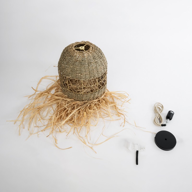 GloboStar® SAINTLUCIA 02160 Boho Κρεμαστό Φωτιστικό Οροφής Μονόφωτο 1 x E27 AC220-240V IP20 - Φ30 x Υ90cm - Χακί Σχοινί με Μπεζ Φυσική Ράφια Νήμα Πλεγμα Καμπάνα