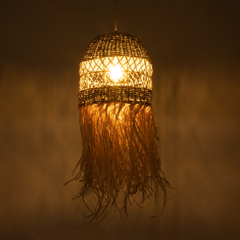 GloboStar® SAINTLUCIA 02160 Boho Κρεμαστό Φωτιστικό Οροφής Μονόφωτο 1 x E27 AC220-240V IP20 - Φ30 x Υ90cm - Χακί Σχοινί με Μπεζ Φυσική Ράφια Νήμα Πλεγμα Καμπάνα