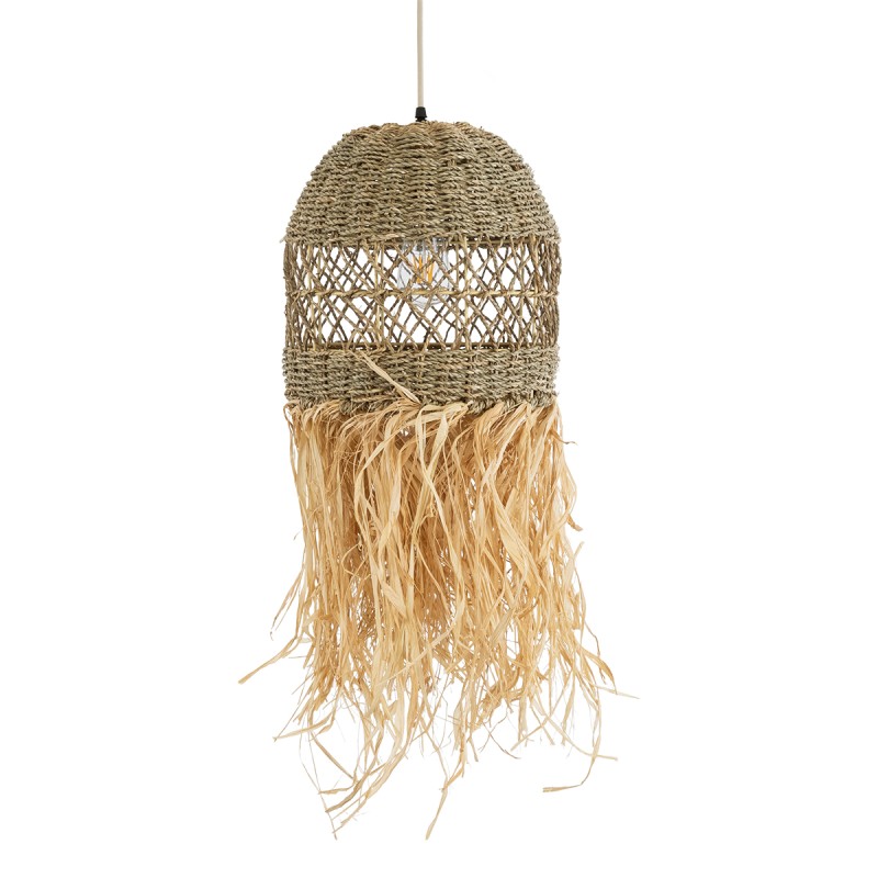 GloboStar® SAINTLUCIA 02160 Boho Κρεμαστό Φωτιστικό Οροφής Μονόφωτο 1 x E27 AC220-240V IP20 - Φ30 x Υ90cm - Χακί Σχοινί με Μπεζ Φυσική Ράφια Νήμα Πλεγμα Καμπάνα