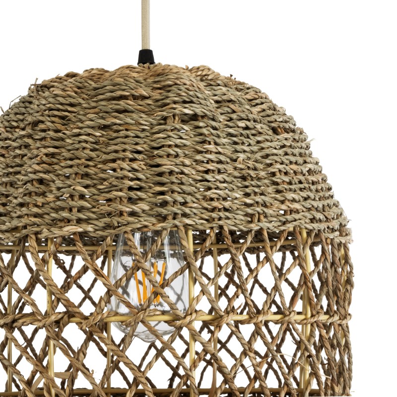 GloboStar® SAINTLUCIA 02160 Boho Κρεμαστό Φωτιστικό Οροφής Μονόφωτο 1 x E27 AC220-240V IP20 - Φ30 x Υ90cm - Χακί Σχοινί με Μπεζ Φυσική Ράφια Νήμα Πλεγμα Καμπάνα