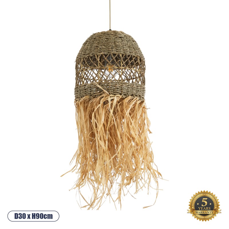 GloboStar® SAINTLUCIA 02160 Boho Κρεμαστό Φωτιστικό Οροφής Μονόφωτο 1 x E27 AC220-240V IP20 - Φ30 x Υ90cm - Χακί Σχοινί με Μπεζ Φυσική Ράφια Νήμα Πλεγμα Καμπάνα