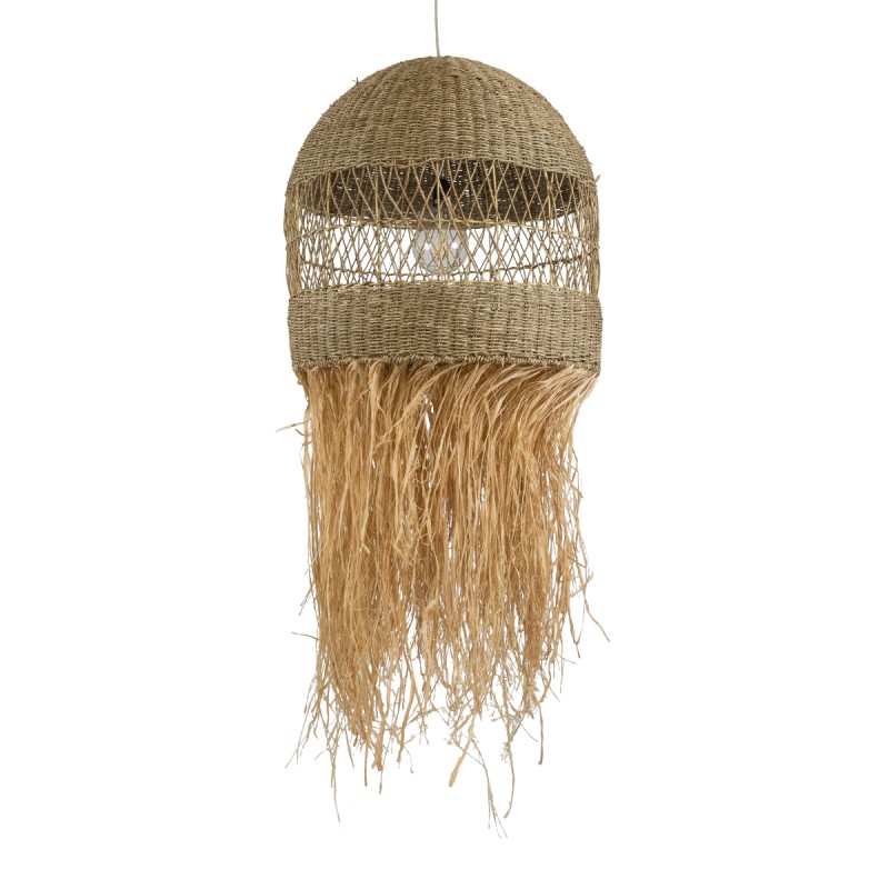 GloboStar® SAINTLUCIA 02161 Boho Κρεμαστό Φωτιστικό Οροφής Μονόφωτο 1 x E27 AC220-240V IP20 - Φ66 x Υ120cm - Χακί Σχοινί με Μπεζ Φυσική Ράφια Νήμα Πλεγμα Καμπάνα