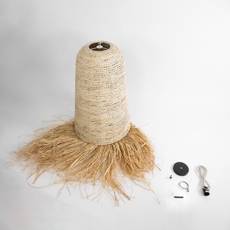 GloboStar® LETA 02171 Boho Κρεμαστό Φωτιστικό Οροφής Μονόφωτο 1 x E27 AC220-240V IP20 - Φ50 x Υ150cm - Μπεζ Φυσική Ράφια Νήμα Πλέγμα Καμπάνα