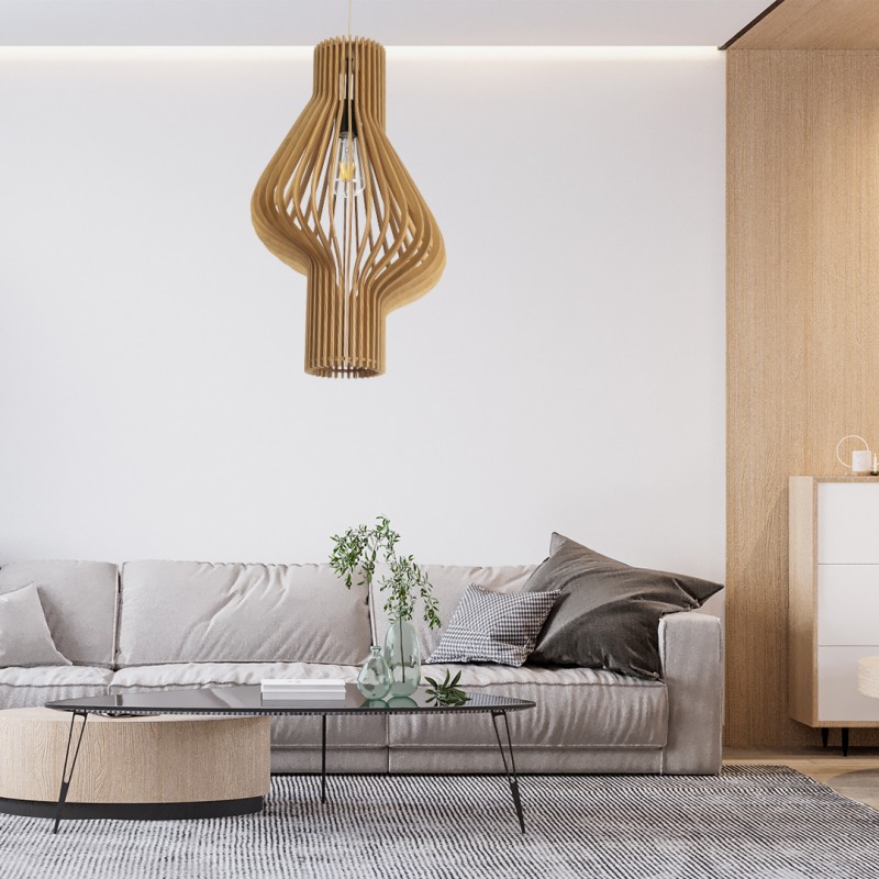 GloboStar® MIHIRO 02172 Boho Κρεμαστό Φωτιστικό Οροφής Μονόφωτο 1 x E27 AC220-240V IP20 - Φ32 x Υ56cm - Καφέ Ξύλινο Πλέγμα