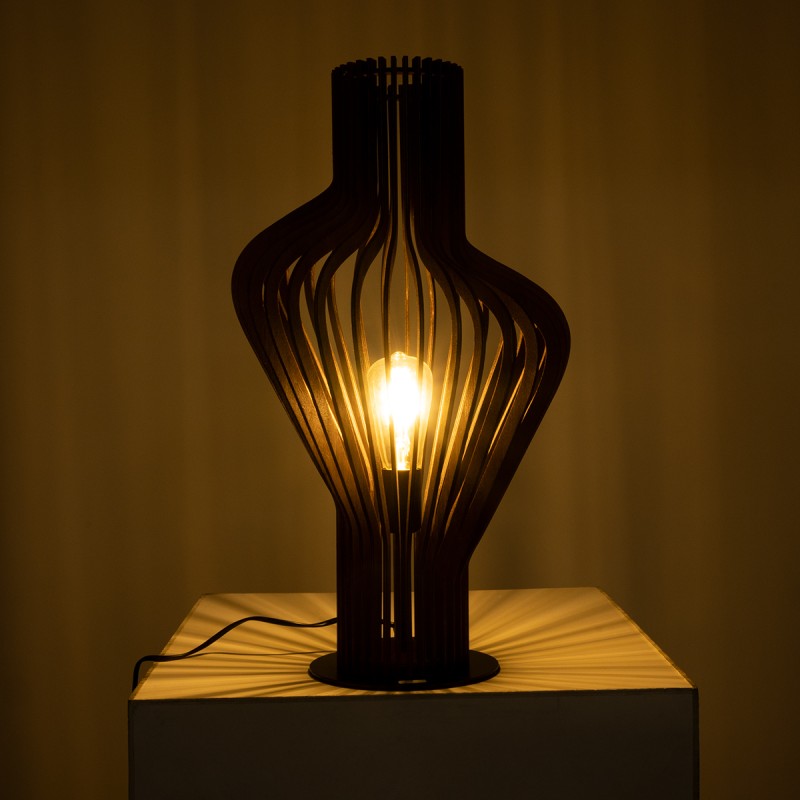 GloboStar® MIHIRO 02177 Boho Επιτραπέζιο Φωτιστικό Μονόφωτο 1 x E27 AC220-240V IP20 - Φ33 x Υ57cm - Καφέ Σκούρο Ξύλινο με Μαύρη Μεταλλική Βάση Πλέγμα