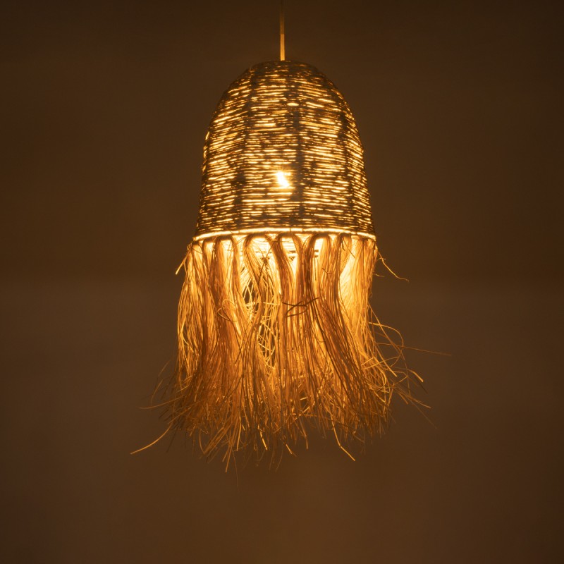 GloboStar® AREMBEPE 02178 Boho Κρεμαστό Φωτιστικό Οροφής Μονόφωτο 1 x E27 AC220-240V IP20 - Φ34 x Υ70cm - Μπεζ Φυσική Ράφια Νήμα Πλέγμα Καμπάνα