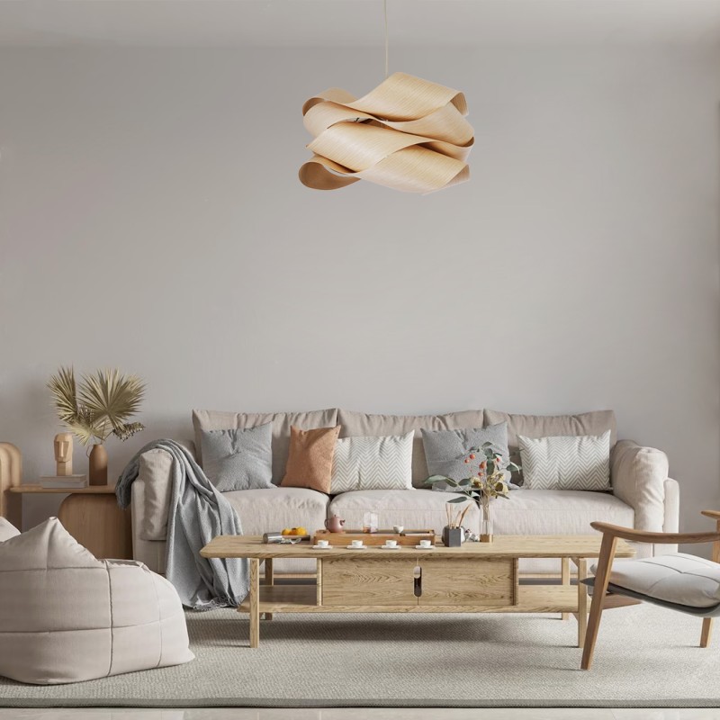 GloboStar® SARDIGNA 02181 Boho Κρεμαστό Φωτιστικό Οροφής Μονόφωτο 1 x E27 AC220-240V IP20 - Φ60 x Υ30cm - Μπεζ Λεπτό Φύλλο Ξύλου Πλέγμα