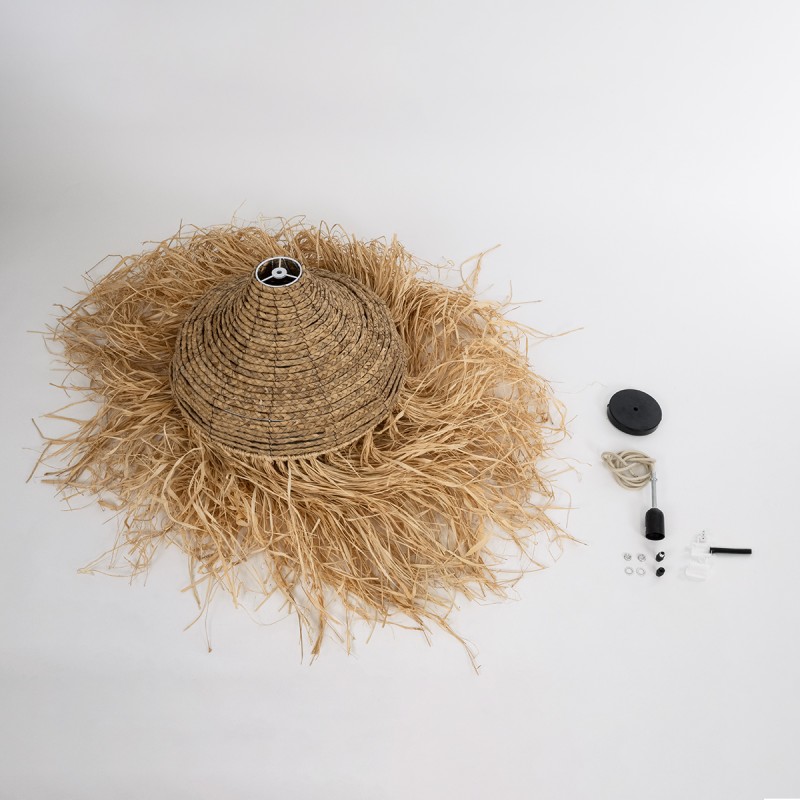 GloboStar® PORTOFERRAIO 02185 Boho Κρεμαστό Φωτιστικό Οροφής Μονόφωτο 1 x E27 AC220-240V IP20 - Φ50 x Υ80cm - Μπεζ με Καφέ Φυσική Ράφια Νήμα Πλέγμα Καμπάνα