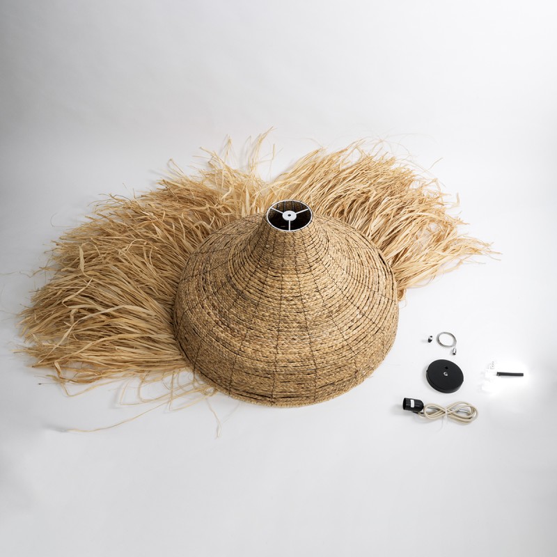 GloboStar® PORTOFERRAIO 02186 Boho Κρεμαστό Φωτιστικό Οροφής Μονόφωτο 1 x E27 AC220-240V IP20 - Φ80 x Υ120cm - Μπεζ Φυσική Ράφια Νήμα Πλέγμα Καμπάνα