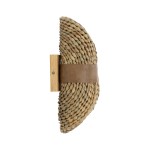 GloboStar® GUAVA 02222 Boho Φωτιστικό Τοίχου - Απλίκα Δίφωτο 2 x G9 AC220-240V IP20 - Μ11 x Π13 x Υ30cm - Σκούρο Μπεζ Ξύλινο Μπαμπού Πλέγμα με Μπεζ Δέρμα