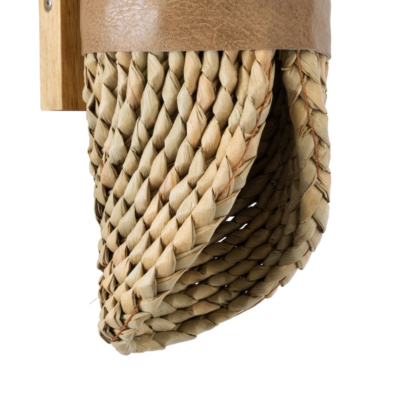 GloboStar® GUAVA 02222 Boho Φωτιστικό Τοίχου - Απλίκα Δίφωτο 2 x G9 AC220-240V IP20 - Μ11 x Π13 x Υ30cm - Σκούρο Μπεζ Ξύλινο Μπαμπού Πλέγμα με Μπεζ Δέρμα