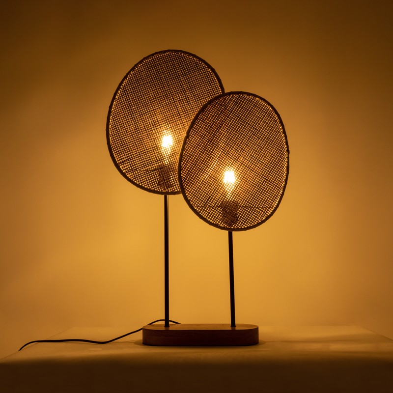 GloboStar® AZUL 02231 Boho Επιτραπέζιο Φωτιστικό Διφωτο 2 x E27 AC220-240V IP20 - Μ45 x Π11 x Υ75cm - Μπεζ Ξύλινο με Μαύρο Μεταλλικό και Μπεζ Ξύλινο Πλέγμα