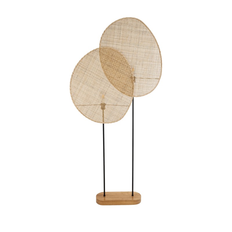 GloboStar® AZUL 02232 Boho Επιδαπέδιο Φωτιστικό Διφωτο 2 x E27 AC220-240V IP20 - Μ90 x Π17 x Υ170cm - Μπεζ Ξύλινο με Μαύρο Μεταλλικό και Μπεζ Ξύλινο Πλέγμα