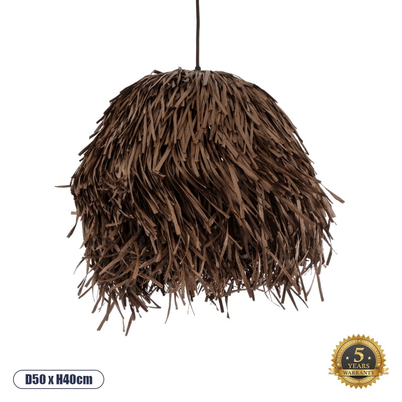 GloboStar® GUADELOUPE 02293 Boho Κρεμαστό Φωτιστικό Οροφής Μονόφωτο 1 x E27 AC220-240V IP20 - Φ50 x Υ40cm - Καφέ Σκούρο Φυσική Ράφια Νήμα Πλέγμα Καμπάνα