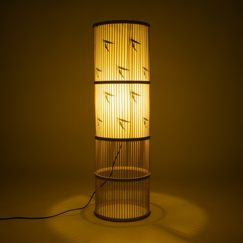 GloboStar® FALKLAND 02307 Boho Επιδαπέδιο Φωτιστικό Μονόφωτο 1 x E27 AC220-240V IP20 - Φ30 x Υ100cm - Λευκό Υφασμάτινο με Μάυρες Λεπτομέρειες και Μπεζ Ξύλινο Μπαμπού Πλέγμα