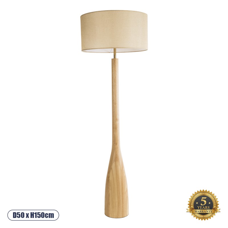 GloboStar® BERKBAY 02318 Boho Επιδαπέδιο Φωτιστικό Μονόφωτο 1 x E27 AC220-240V IP20 - Φ50 x Υ150cm - Μπεζ Ξύλινο με Μπεζ Υφασμάτινο Καπέλο