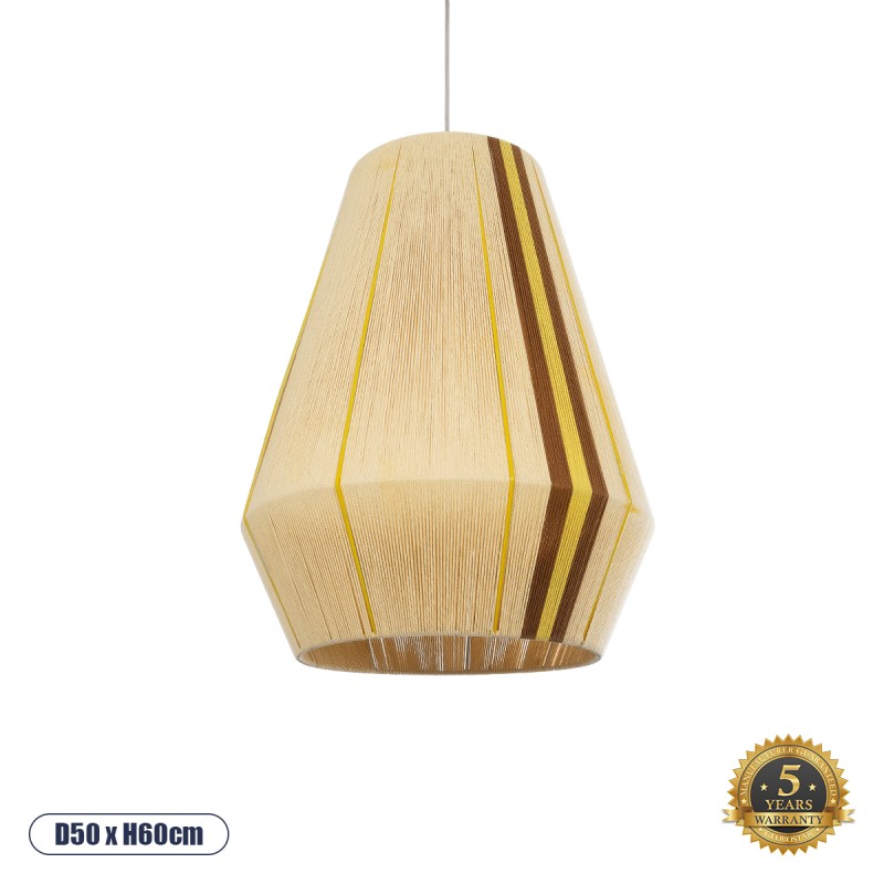 GloboStar® SALERNO 02334 Boho Κρεμαστό Φωτιστικό Οροφής Μονόφωτο 1 x E27 AC220-240V IP20 - Φ50 x Υ60cm - Μπεζ με Καφε και Κίτρινο Λεπτό Νήμα Βαμβακερό Πλέγμα