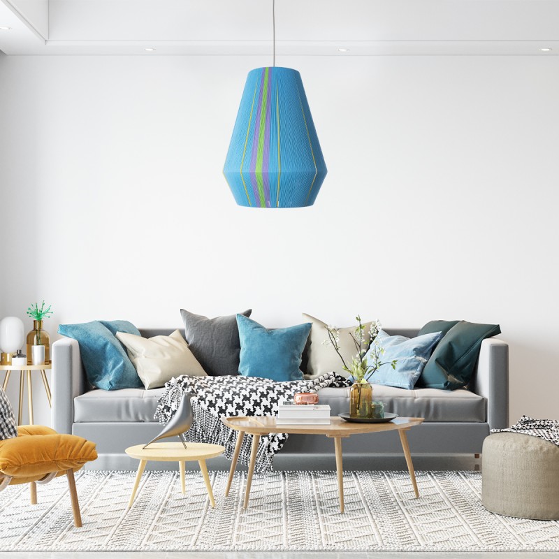 GloboStar® SALERNO 02336 Boho Κρεμαστό Φωτιστικό Οροφής Μονόφωτο 1 x E27 AC220-240V IP20 - Φ50 x Υ60cm - Γαλάζιο με Μωβ και Πράσινο με Κίτρινες Λεπτομέριες Λεπτό Νήμα Βαμβακερό Πλέγμα