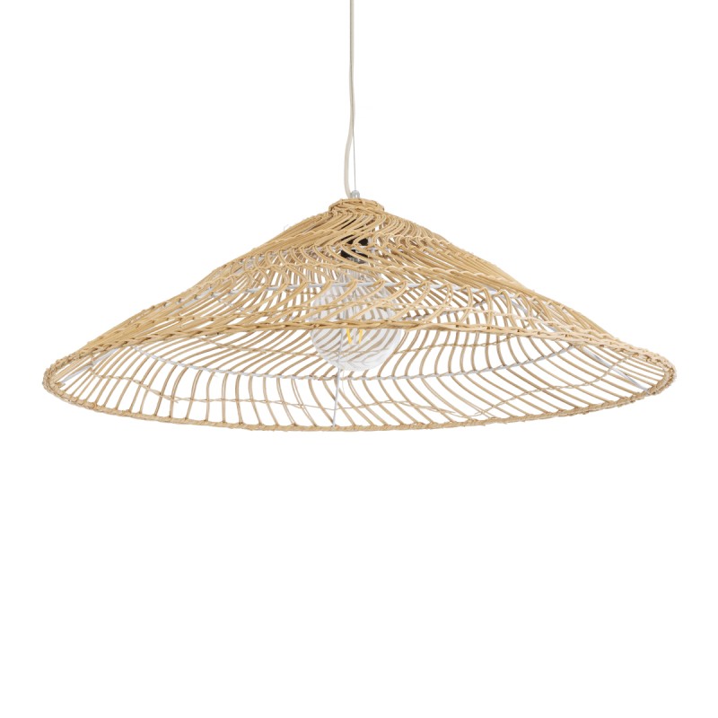 GloboStar® KAIA 02347 Boho Κρεμαστό Φωτιστικό Οροφής Μονόφωτο 1 x E27 AC220-240V IP20 - Φ80 x Υ26cm - Μπεζ Ξύλινο Μπαμπού Πλέγμα Καμπάνα