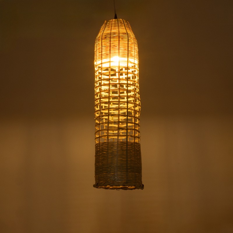 GloboStar® WAIKIKI 02350 Boho Κρεμαστό Φωτιστικό Οροφής Μονόφωτο 1 x E27 AC220-240V IP20 - Φ20 x Υ80cm - Μπεζ Ξύλινο Μπαμπού Πλέγμα Καμπάνα