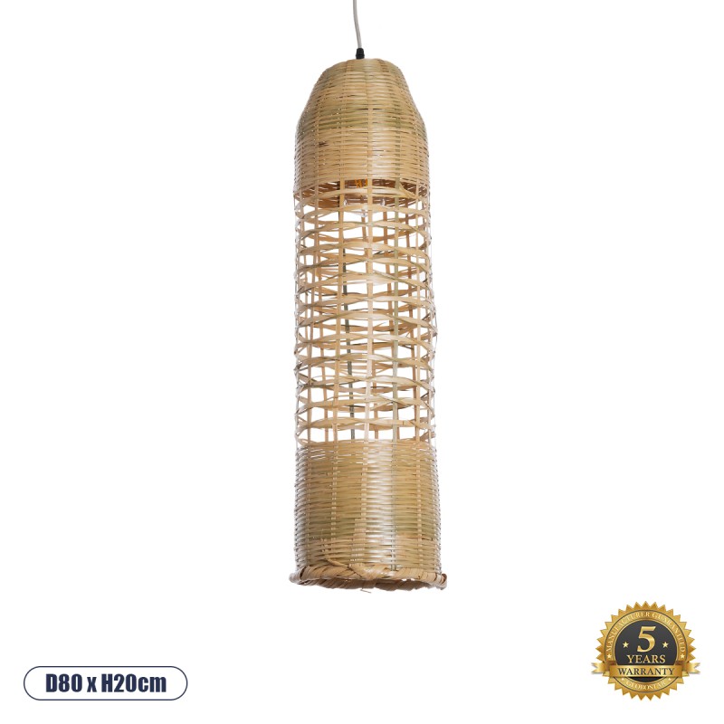 GloboStar® WAIKIKI 02350 Boho Κρεμαστό Φωτιστικό Οροφής Μονόφωτο 1 x E27 AC220-240V IP20 - Φ20 x Υ80cm - Μπεζ Ξύλινο Μπαμπού Πλέγμα Καμπάνα