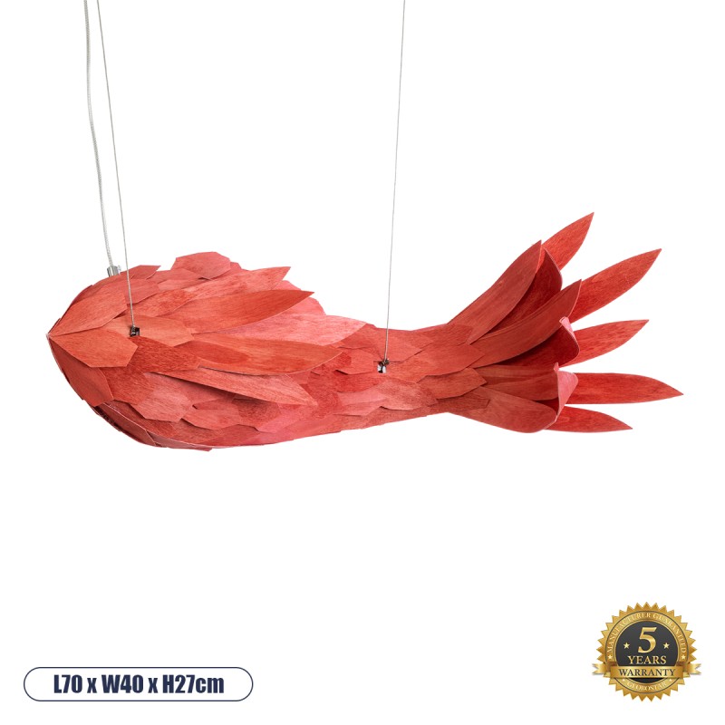 GloboStar® GOURAMI 02360 Boho Κρεμαστό Φωτιστικό Οροφής Μονόφωτο 1 x E27 AC220-240V IP20 - Μ70 x Π40 x Υ27cm - Κόκκινο Λεπτό Φύλλο Ξύλου Πλέγμα