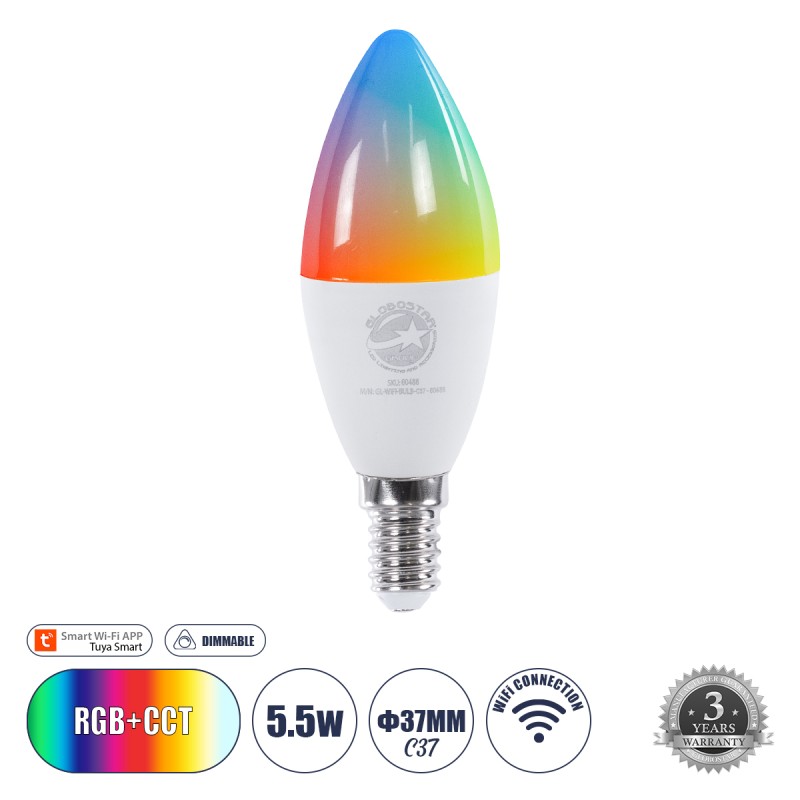 GloboStar® 60488 Έξυπνη Λάμπα LED E14 C37 Κεράκι Smart Home Wifi 5.5W 550lm 260° AC 220-240V IP20 Φ3.7 x Υ11cm RGB+CCT - Εναλλαγή Φωτισμού & Dimming μέσω Εφαρμογής Tuya - Bridgelux Chip - 3 Χρόνια Εγγύηση