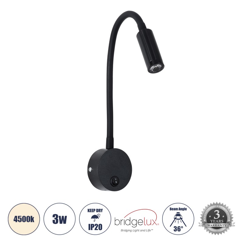 GloboStar® GOOSE 60878 Μοντέρνο Φωτιστικό Τοίχου - Απλίκα Ξενοδοχείου Bed Side LED 3W 300lm 36° AC 220-240V - Reading Light - Μ6.5 x Π15 x Υ24.5cm - Φυσικό Λευκό 4500K - Μαύρο