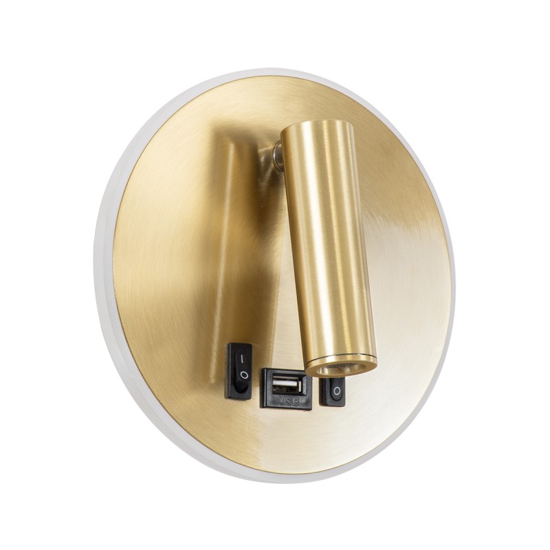 GloboStar® LADY-R 60940 Μοντέρνο Φωτιστικό Τοίχου - Απλίκα Ξενοδοχείου Bed Side LED 6W 600lm 36° & 360° AC 220-240V - Reading Light & Κρυφός Φωτισμός - Φορτιστής USB 3A - Φ15 x Υ7cm - Φυσικό Λευκό 4500K - Χρυσό Βούρτσας - 3 Χρόνια Εγγύηση