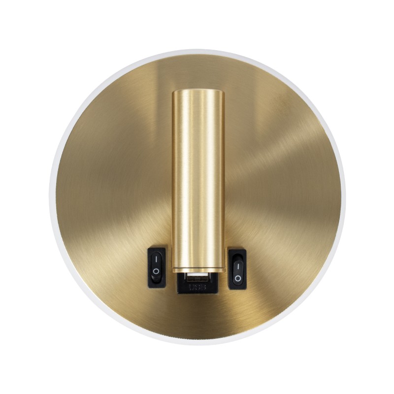 GloboStar® LADY-R 60940 Μοντέρνο Φωτιστικό Τοίχου - Απλίκα Ξενοδοχείου Bed Side LED 6W 600lm 36° & 360° AC 220-240V - Reading Light & Κρυφός Φωτισμός - Φορτιστής USB 3A - Φ15 x Υ7cm - Φυσικό Λευκό 4500K - Χρυσό Βούρτσας - 3 Χρόνια Εγγύηση