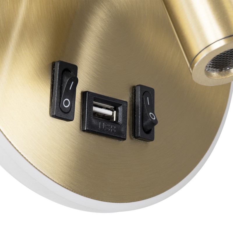 GloboStar® LADY-R 60940 Μοντέρνο Φωτιστικό Τοίχου - Απλίκα Ξενοδοχείου Bed Side LED 6W 600lm 36° & 360° AC 220-240V - Reading Light & Κρυφός Φωτισμός - Φορτιστής USB 3A - Φ15 x Υ7cm - Φυσικό Λευκό 4500K - Χρυσό Βούρτσας - 3 Χρόνια Εγγύηση