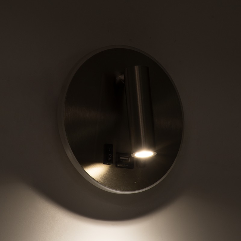 GloboStar® LADY-R 60941 Μοντέρνο Φωτιστικό Τοίχου - Απλίκα Ξενοδοχείου Bed Side LED 6W 600lm 36° & 360° AC 220-240V - Reading Light & Κρυφός Φωτισμός - Φορτιστής USB 3A - Φ15 x Υ7cm - Φυσικό Λευκό 4500K - Νίκελ Βούρτσας - 3 Χρόνια Εγγύηση