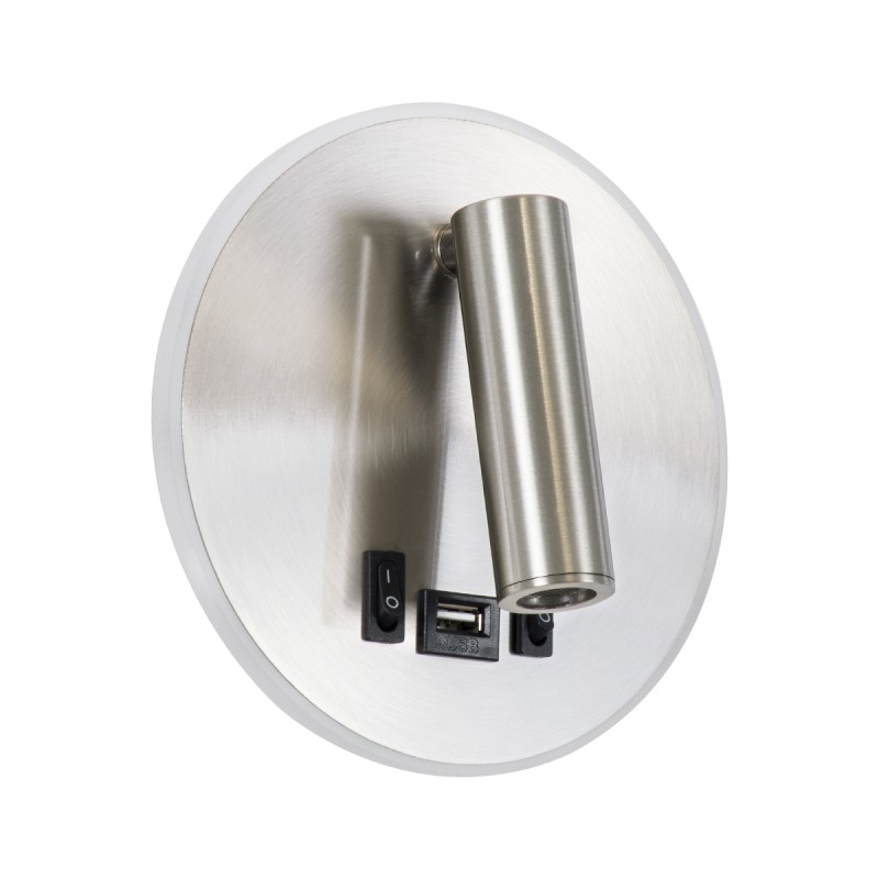 GloboStar® LADY-R 60941 Μοντέρνο Φωτιστικό Τοίχου - Απλίκα Ξενοδοχείου Bed Side LED 6W 600lm 36° & 360° AC 220-240V - Reading Light & Κρυφός Φωτισμός - Φορτιστής USB 3A - Φ15 x Υ7cm - Φυσικό Λευκό 4500K - Νίκελ Βούρτσας - 3 Χρόνια Εγγύηση
