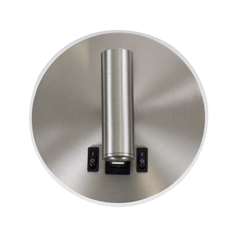 GloboStar® LADY-R 60941 Μοντέρνο Φωτιστικό Τοίχου - Απλίκα Ξενοδοχείου Bed Side LED 6W 600lm 36° & 360° AC 220-240V - Reading Light & Κρυφός Φωτισμός - Φορτιστής USB 3A - Φ15 x Υ7cm - Φυσικό Λευκό 4500K - Νίκελ Βούρτσας - 3 Χρόνια Εγγύηση