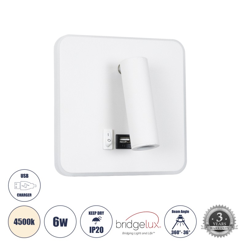 GloboStar® LADY-S 60943 Μοντέρνο Φωτιστικό Τοίχου - Απλίκα Ξενοδοχείου Bed Side LED 6W 600lm 36° & 360° AC 220-240V - Reading Light & Κρυφός Φωτισμός - Φορτιστής USB 3A - Μ15 x Π15 x Υ7cm - Φυσικό Λευκό 4500K - Λευκό - 3 Χρόνια Εγγύηση