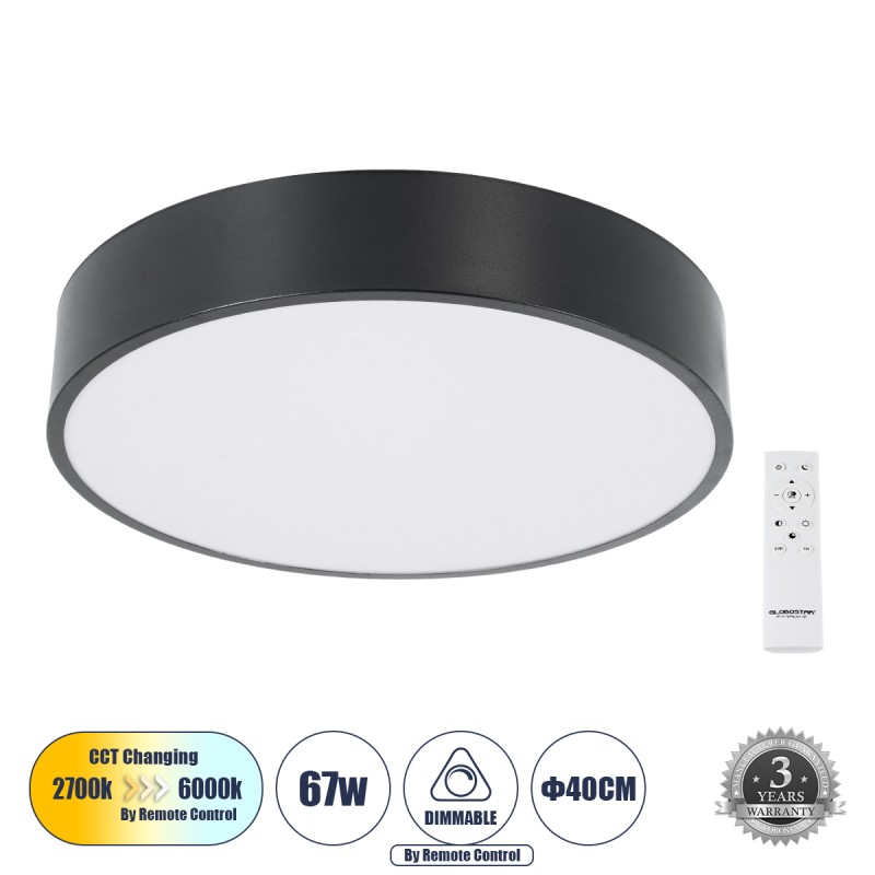GloboStar® BURTON 61200-P Κρεμαστή Πλαφονιέρα Οροφής LED CCT 67W 7370lm 120° AC 220-240V - Εναλλαγή Φωτισμού μέσω Τηλεχειριστηρίου All In One Ψυχρό 6000k+Φυσικό 4500k+Θερμό 2700k Dimmable Φ40cm - Μαύρο - 3 Years Warranty