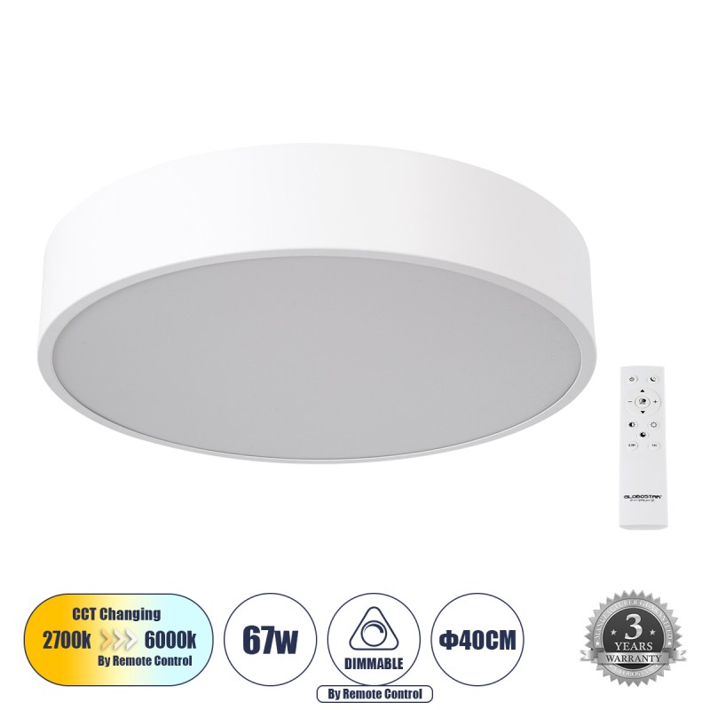 GloboStar® BURTON 61201-P Κρεμαστή Πλαφονιέρα Οροφής LED CCT 67W 7370lm 120° AC 220-240V - Εναλλαγή Φωτισμού μέσω Τηλεχειριστηρίου All In One Ψυχρό 6000k+Φυσικό 4500k+Θερμό 2700k Dimmable Φ40cm - Λευκό - 3 Years Warranty
