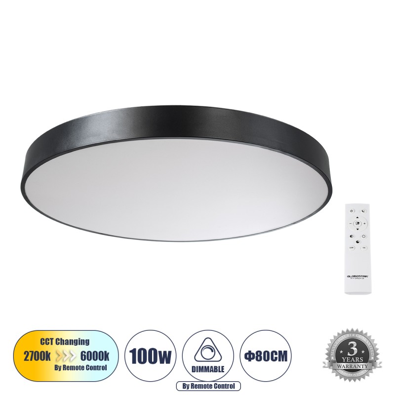 GloboStar® BURTON 61204-P Κρεμαστή Πλαφονιέρα Οροφής LED CCT 100W 11020lm 120° AC 220-240V - Εναλλαγή Φωτισμού μέσω Τηλεχειριστηρίου All In One Ψυχρό 6000k+Φυσικό 4500k+Θερμό 2700k Dimmable Φ80cm - Μαύρο - 3 Years Warranty