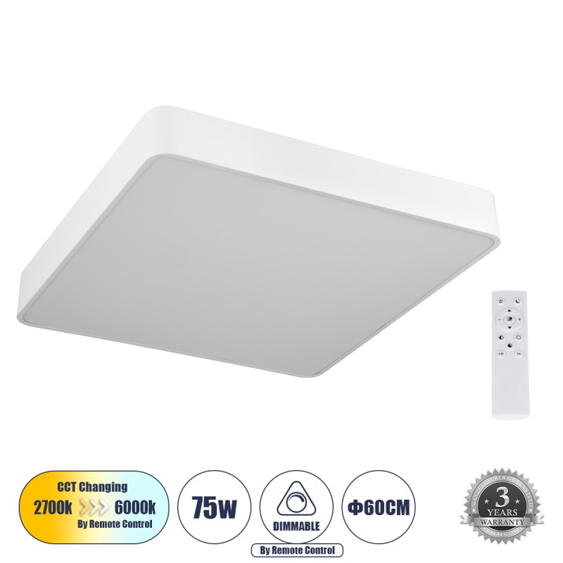 GloboStar® KAMALA 61209-P Κρεμαστή Πλαφονιέρα Οροφής LED CCT 75W 8625lm 120° AC 220-240V - Εναλλαγή Φωτισμού μέσω Τηλεχειριστηρίου All In One Ψυχρό 6000k+Φυσικό 4500k+Θερμό 2700k Dimmable Μ60 x Π60 x Υ8cm - Λευκό - 3 Years Warranty