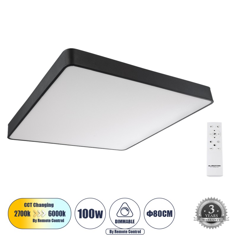 GloboStar® KAMALA 61210-P Κρεμαστή Πλαφονιέρα Οροφής LED CCT 100W 11020lm 120° AC 220-240V - Εναλλαγή Φωτισμού μέσω Τηλεχειριστηρίου All In One Ψυχρό 6000k+Φυσικό 4500k+Θερμό 2700k Dimmable Μ80 x Π80 x Υ8cm- Μαύρο - 3 Years Warranty