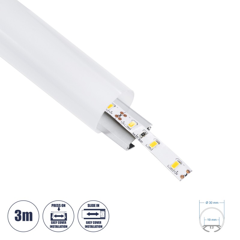 GloboStar® SURFACEPENDANT-PROFILE 70853-3M Προφίλ Αλουμινίου - Βάση & Ψύκτρα Ταινίας LED με Λευκό Γαλακτερό Κάλυμμα - Επιφανειακή & Κρεμαστή Χρήση - Πατητό Κάλυμμα - Ασημί - 3 Μέτρα - Μ300 x Φ3cm