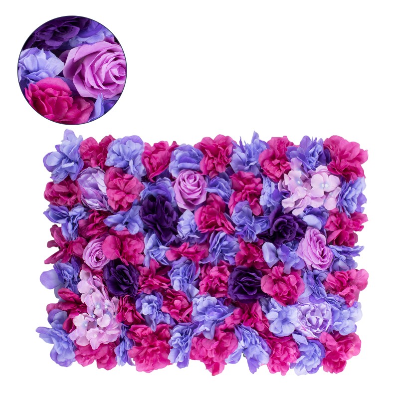 GloboStar® 78332 Artificial - Συνθετικό Τεχνητό Διακοσμητικό Πάνελ Λουλουδιών - Κάθετος Κήπος Τριαντάφυλλο - Ορτανσία - Βιολέτα - Φουξια - Μωβ - Γαλάζιο Μ60 x Υ40 x Π7cm