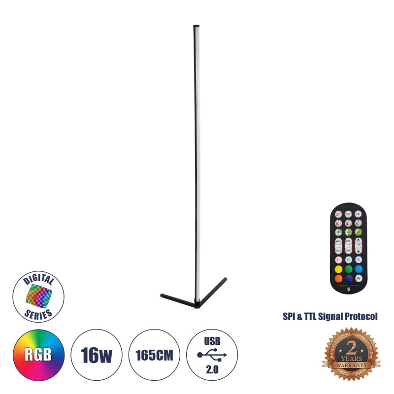 GloboStar® DIGICOLUMN 90763 Μοντέρνο Επιδαπέδιο Φωτιστικό Γραφείου Digital Pixel Symphony Bar LED 16W 1280lm 180° DC 5V με USB 2.0 IP20 - Εναλλαγή Φωτισμού μέσω Τηλεχειριστηρίου - Πολύχρωμα RGB - Dimmable - Μαύρο - Φ3 x Υ165cm - 2 Χρόνια Εγγύηση