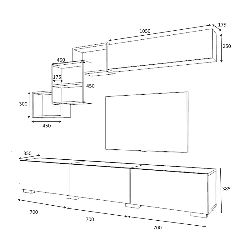 Σύνθεση τηλεόρασης Free Megapap από μελαμίνη χρώμα γκρι - ανθρακί 210x35x38εκ.