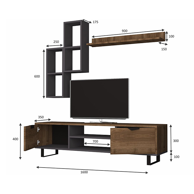 Σύνθεση τηλεόρασης Lonsa Megapap από μελαμίνη χρώμα καρυδί - γκρι 160x35x40εκ.