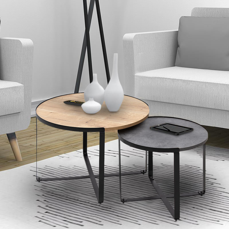 Σετ τραπεζάκια σαλονιού Davis Megapap 2τμχ. μεταλλικά - μελαμίνης sonoma/ανθρακί 70x69x46εκ.