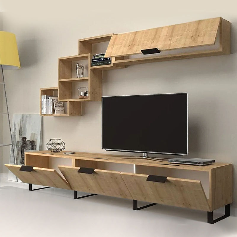 Σύνθεση τηλεόρασης Heydar Megapap από μελαμίνη χρώμα φυσικό οξιάς 210x35x50εκ.