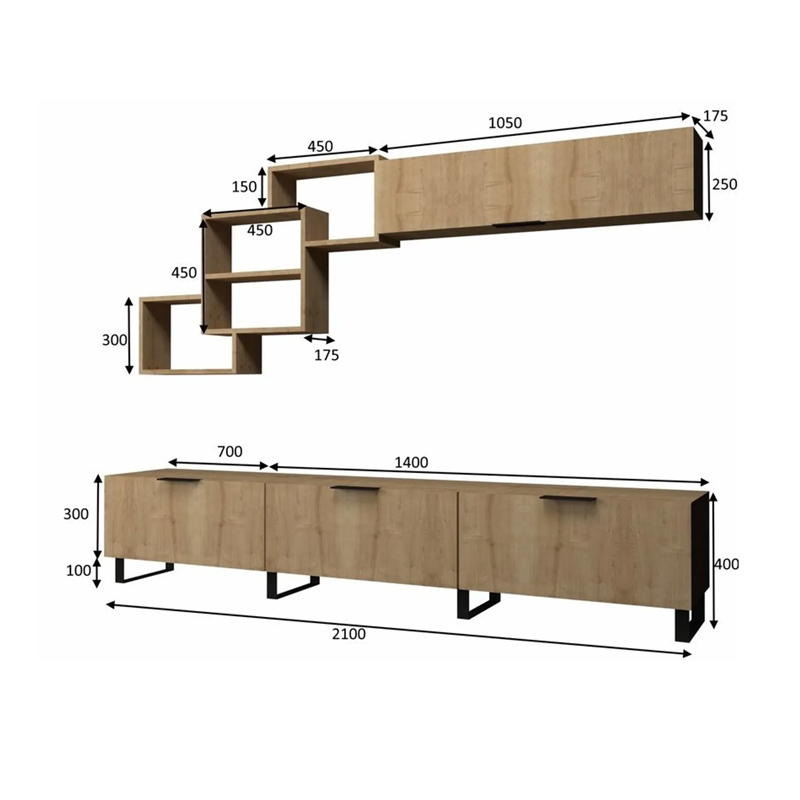 Σύνθεση τηλεόρασης Heydar Megapap από μελαμίνη χρώμα φυσικό οξιάς 210x35x50εκ.