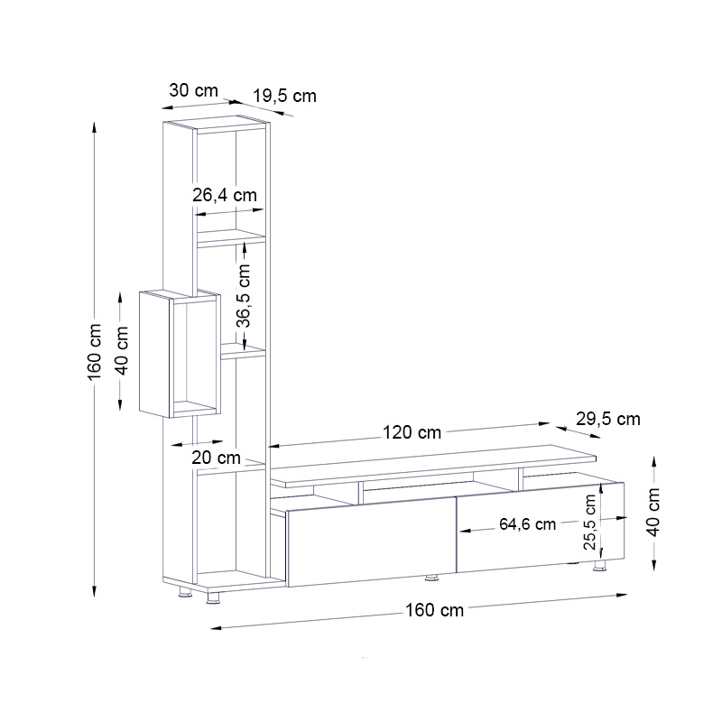 Σύνθεση τηλεόρασης Tulip Megapap από μελαμίνη χρώμα λευκό 160x29,5x160εκ.
